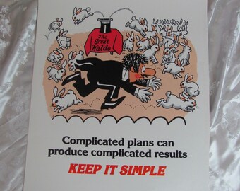 1980's Vintage Safety Workplace Inspirational Cartoon Poster 17" x 22" // Magician Rabbits Keep It Simple // Many to choose from!!!