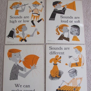 Póster de ciencia con tarjetas didácticas ilustradas de estilo vintage de gran tamaño: 11" x 14" Su elección: Sonidos: Cuadro de conceptos primarios para aulas educativas