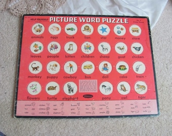 Picture Word Puzzle Primer Nouns - Vintage Whitman 1958 Help Yourself Childrens Floor Puzzle Complete - Many more to Choose from in my shop!