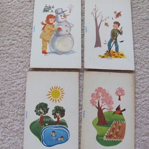 Tarjeta ilustrada de fonética española vintage: invierno, primavera, verano y otoño. ¡Tú eliges!