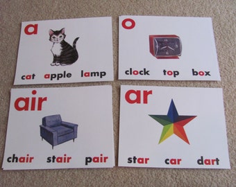 Print - Old School Flash Card Print - Vowels Consonants - Your Choice 8" x 11" chair - clock - cat - star