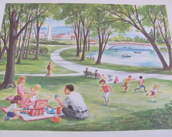 Original Vintage School Classroom Poster Print - Circa 1966 - Picnic at the Park  - 11" x 14" Many others to choose from