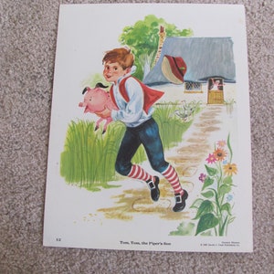 Vintage illustrierte Schule Karte Poster Druck Kinderreime Laminierte - Circa 1967 // Tom the Piper's Son