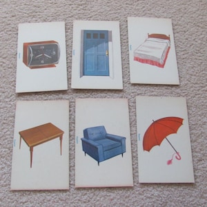 Vintage Spanish Phonics Picture Flash Card Illustrated Picture Classroom School - Clock - Table - Bed - Chair - Umbrella - Your choice!