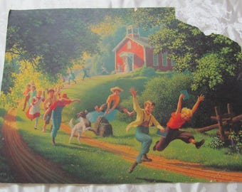 Original Vintage School Classroom Poster Print - Circa 1940's  12" x 15" Children Leaving School House Rural Teacher Color Wall Art