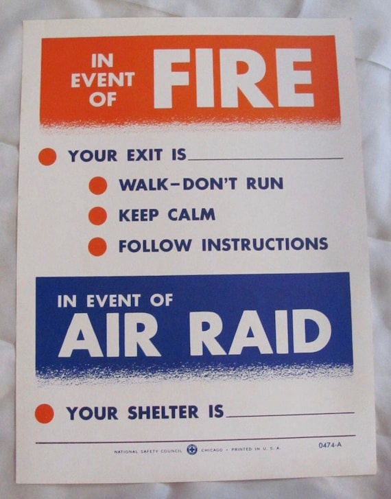 Poster Retro Vintage Safety Poster -- Circa 1950s - Fire Air Raid 2 sizes available  - Many to choose from!!!