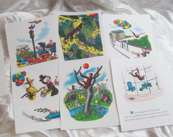 May include: A collection of six colorful illustrations featuring a curious monkey in various scenes. The images depict the monkey in urban and natural settings, with balloons and other whimsical elements. The illustrations are on white paper.