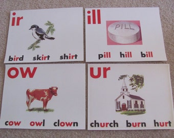 Print - Vintage Old School Large Flash Card Print - Vowels Consonants - Pill Bird Cow Church