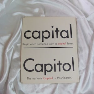 Vintage homoniem woorden school klas educatieve Flash Card 2 zijdig 11" x 14"//wear ware Capitol Capital//veel meer om uit te kiezen