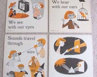 Vintage geïllustreerde grote flashkaart wetenschapsposter licht geluid -- 11 x 14" jouw keuze -- Primaire conceptgrafiek educatief klaslokaal