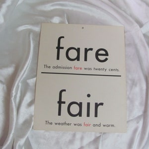 Vintage Homonym Words School Classroom Educational Flash Card  2 Sided // Fare Fair & Air Heir // Many more to choose from