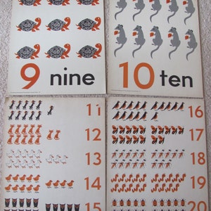 Afiche vintage de ciencia con tarjetas didácticas grandes, alrededor de 1950, 11 x 14, a su elección: gráfico de conceptos primarios, números, conteo de animales
