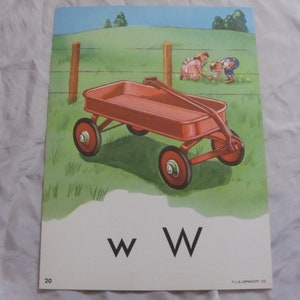 Tarjeta de memoria de vagón vintage grande colorida con alfabeto escolar, fonética, ilustración original de Lippincott, circa 1950. Más opciones en mi tienda.