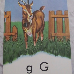 Tarjeta de vocabulario de cabra, grande, vintage, colorida, alfabeto escolar, fonética, ilustración original de Lippincott, circa 1950. Hay más opciones para elegir en mi tienda