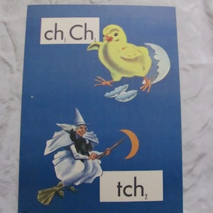 Tarjeta de aprendizaje vintage grande, colorida, con alfabeto escolar, fonética, ilustrada, original de Lippincott, circa 1950. Hay más opciones para elegir en mi tienda.