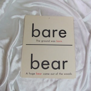 Vintage Homonym Words School Classroom Educational Flash Card  2 Sided // Bare Bear To Too // Many more to choose from