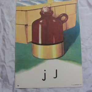 Tarjeta de memoria con forma de jarra, vintage, grande, colorida, para la escuela, con el alfabeto, fonética, ilustrada, original de Lippincott, circa 1950. Hay más opciones para elegir en mi tienda.