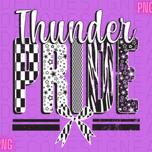 Op de afbeelding: Grafisch ontwerp op een paarse achtergrond met de tekst "Thunder Pride" in een vet, verweerd lettertype. De letters zijn gevuld met verschillende patronen, waaronder geblokte, sterren- en zebraprints. Onderaan een zwart-witte strik.