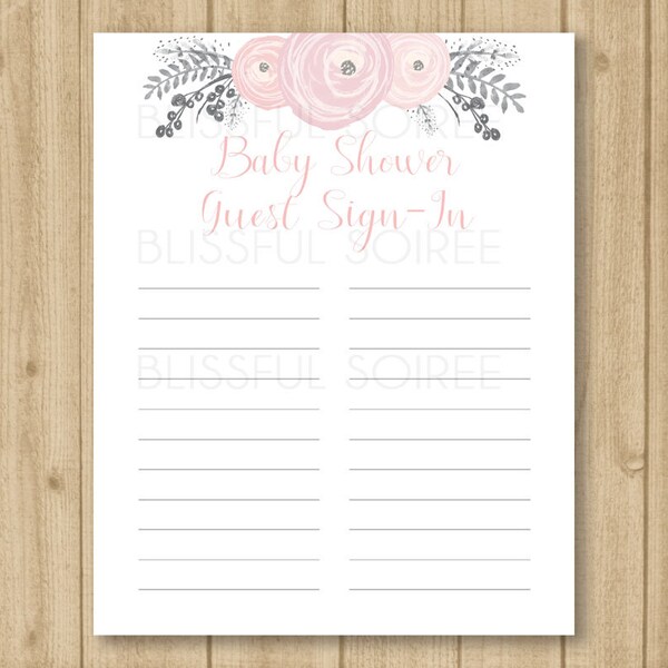 Baby Shower Guest Sign-In | Guest List | Sign In Sheet | Printable Guest List | Baby Shower | Pink and Gray Floral | BS31