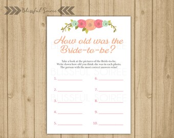 How old was the bride? | Bridal Shower Guess Her Age | How old was she | Bridal Shower Game | Photo Game | Guess Bride's Age | Coral | BRS02