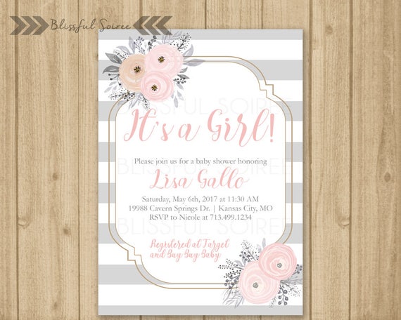 Girl Baby Shower Invitation Pink And Gray Shabby Chic Etsy