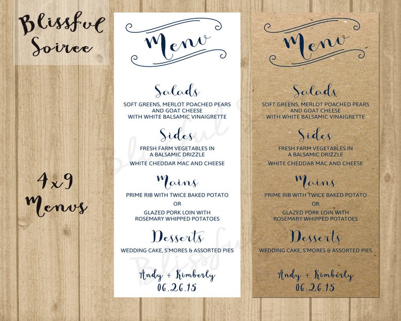 Wedding Menu PRINTABLE PDF Kraft Menu With Navy Dinner Etsy