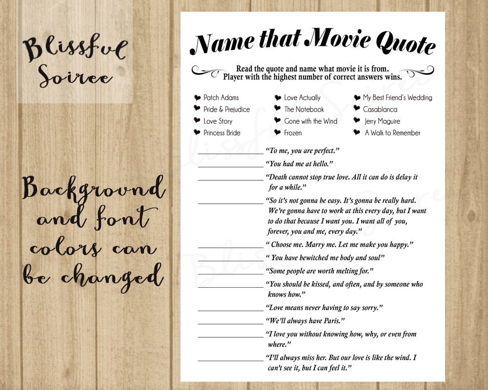 Bridal Shower Game / Name that Movie Love Quote / Romantic | Etsy