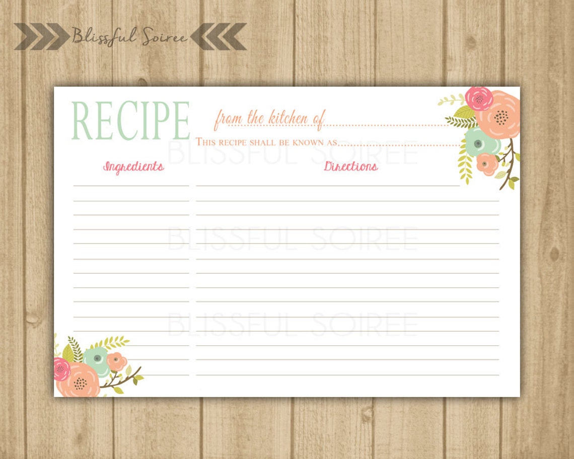 Bridal Shower Recipe Card Printable Recipe Card Floral | Etsy
