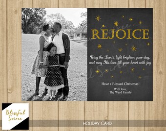 Religious Photo Christmas Card | Holiday Photo Card | Rejoice | Chalkboard | Gold | Religious Christmas Card | Holiday Card | Stars