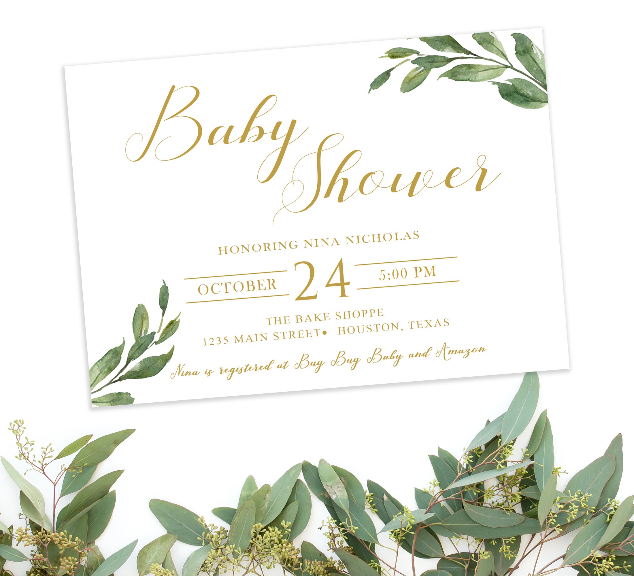 Greenery Baby Shower Invitation Gold and White Greenery Etsy
