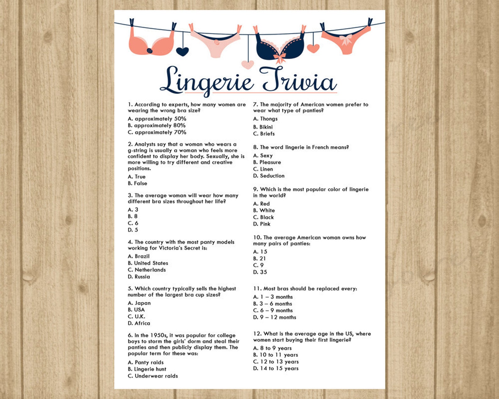 Bachelorette Party Game Lingerie Trivia Lingerie Shower Etsy