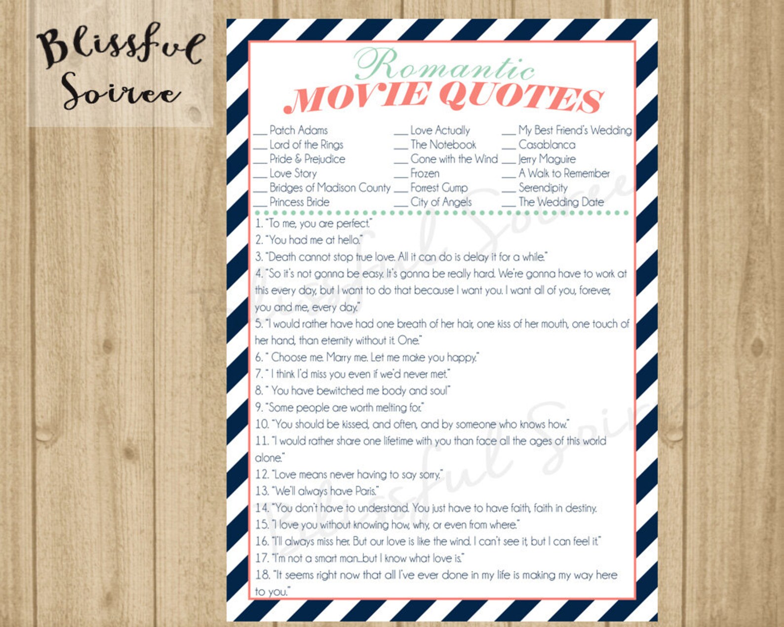 Bridal Shower Game / Name That Movie Love Quote / Romantic Etsy