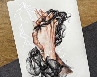 May include: A pencil drawing of two hands intertwined, rendered in shades of brown and peach, with black hair swirling around them. White lightning bolts emanate from the hands, creating a dramatic effect. The artwork is on a white paper.