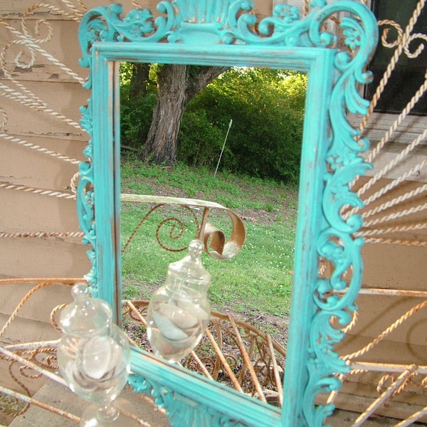 Ornate Wall Miror, Sea Shell Design  Shown in a Seaside Aqua or Choose Color ,  20 1/2 x 14 1/2