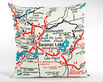 IN STOCK Vintage Saranac Lake NY Map Pillow Custom Map Pillows 16" Square Lake Placid Lake Clear Map Cabin Lake Decor House Guest Gift Idea