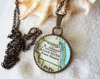 Vero Beach Florida Map Pendant Necklace, Vintage Style