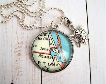 Vintage Map Pendant Necklace: Jensen Beach Stuart Florida, Turtle Charm