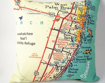 Vintage Palm Beach Florida Map Pillow Lake Worth Delray Beach Boca Raton 16" Square New Custom Pillows Housewarming Nautical Gift Ideas
