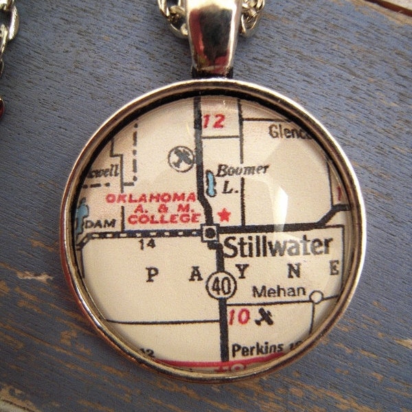 Oklahoma State University Custom Map Jewelry, Stillwater Oklahoma Vintage Map Pendant Necklace, Map Jewelry, Charms, Cuff Links, Gift Ideas