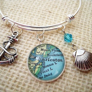 Map Charm Bracelet You Pick City Charleston South Carolina Folly Beach Nautical Map Jewelry Bangle Bracelet Wedding Bridesmaids Gift Ideas