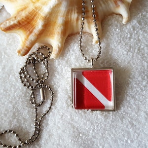 Dive Flag Pendant Necklace Silver Micro Chain Nautical Sailing Gift Ideas Personalized Gifts Marine Biology Scuba Diving Divers Down 3/4&quot;