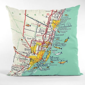 Ft Lauderdale Miami Beach Florida Colorful Vintage Map Pillow 16&quot; Square Beach House Housewarming Friend Going Away Gift Ideas