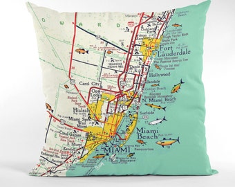 Ft Lauderdale Miami Beach Florida Colorful Vintage Map Pillow 16" Square Beach House Housewarming Friend Going Away Gift Ideas