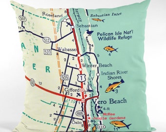 Sebastian Inlet Vero Beach Florida Colorful Vintage Map Pillow 16" Square Beach House Housewarming Friend Going Away Gift Ideas