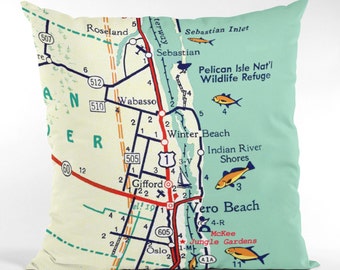 Sebastian Inlet Vintage Map Pillow, Vero Beach Florida