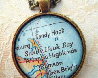 Custom Map Jewelry, Sandy Hook New Jersey Beach Shore Vintage Map Pendant Necklace, Personalize Map Jewelry, Map Cuff Links, Groomsmen Gifts