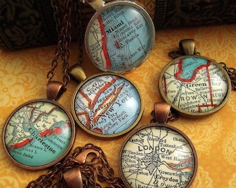 Custom Map Pendant Necklace: Choose Your Location, Vintage Style