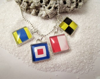 Custom Petite 1/2" Signal Flags Necklace Charms Nautical Jewelry Bangle Pendants Glass Silver Sailing Navy Military Service Gift Ideas