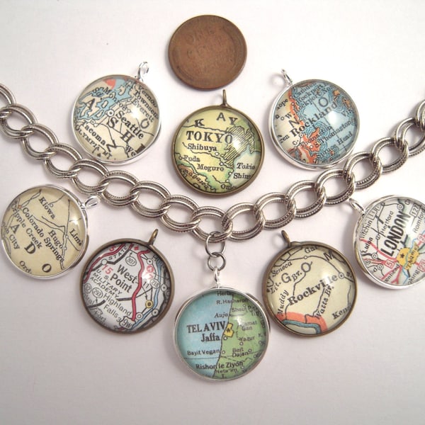 Map Charm Bracelet Map Charms You Pick City Vintage Map Pendants Necklace 20MM 3/4" Personalized Gifts Ideas Wedding Bouquet