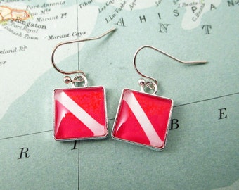Pair Scuba Diver Down Earrings Square 1/2" 12mm Pierced Nautical Jewelry Gift Ideas Yachting Maritime Sailing Boating Silver Glass